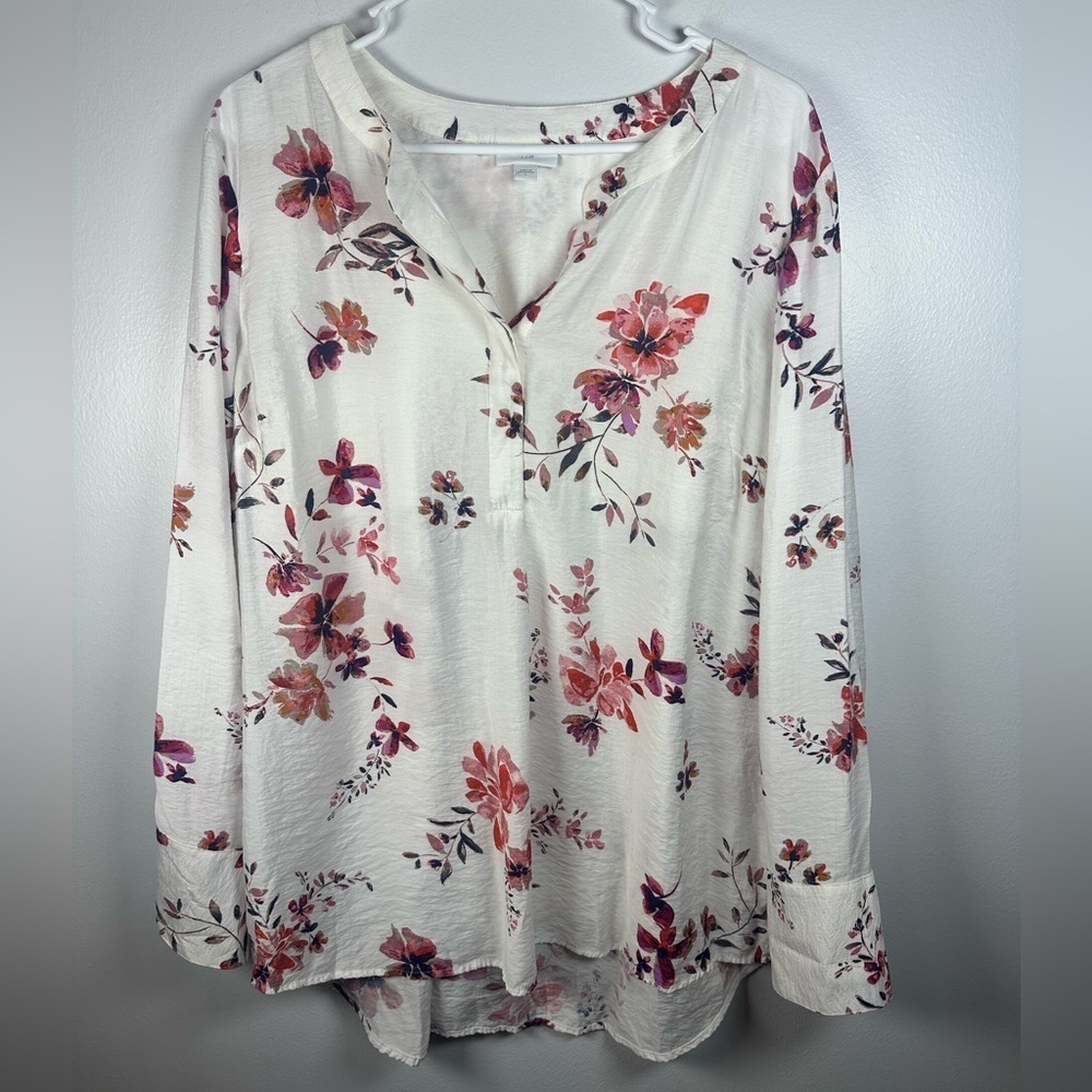 J. Jill Cream and Pink Floral Blouse Size Large Cottagecore